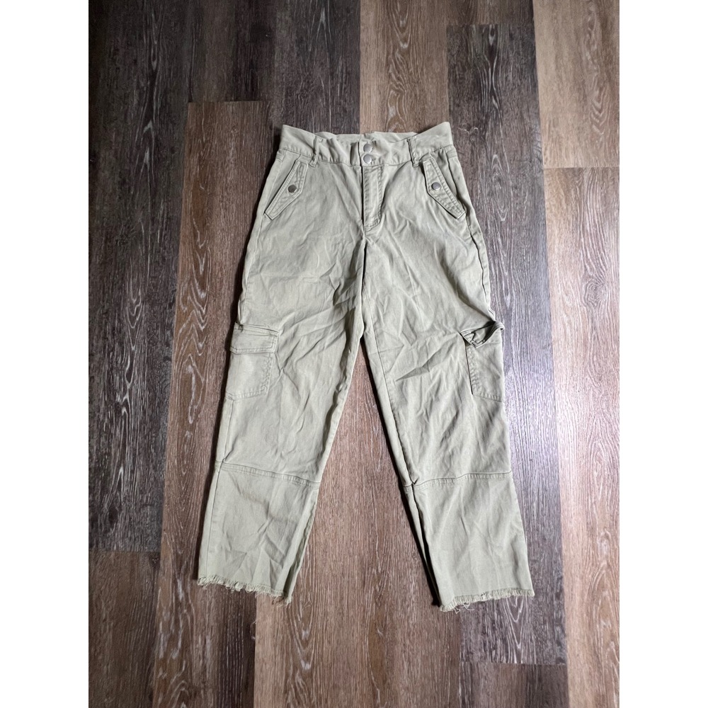 Crosby Cargo Pants Women 26" Green Khaki Raw Hem High Rise Utility Straight Leg